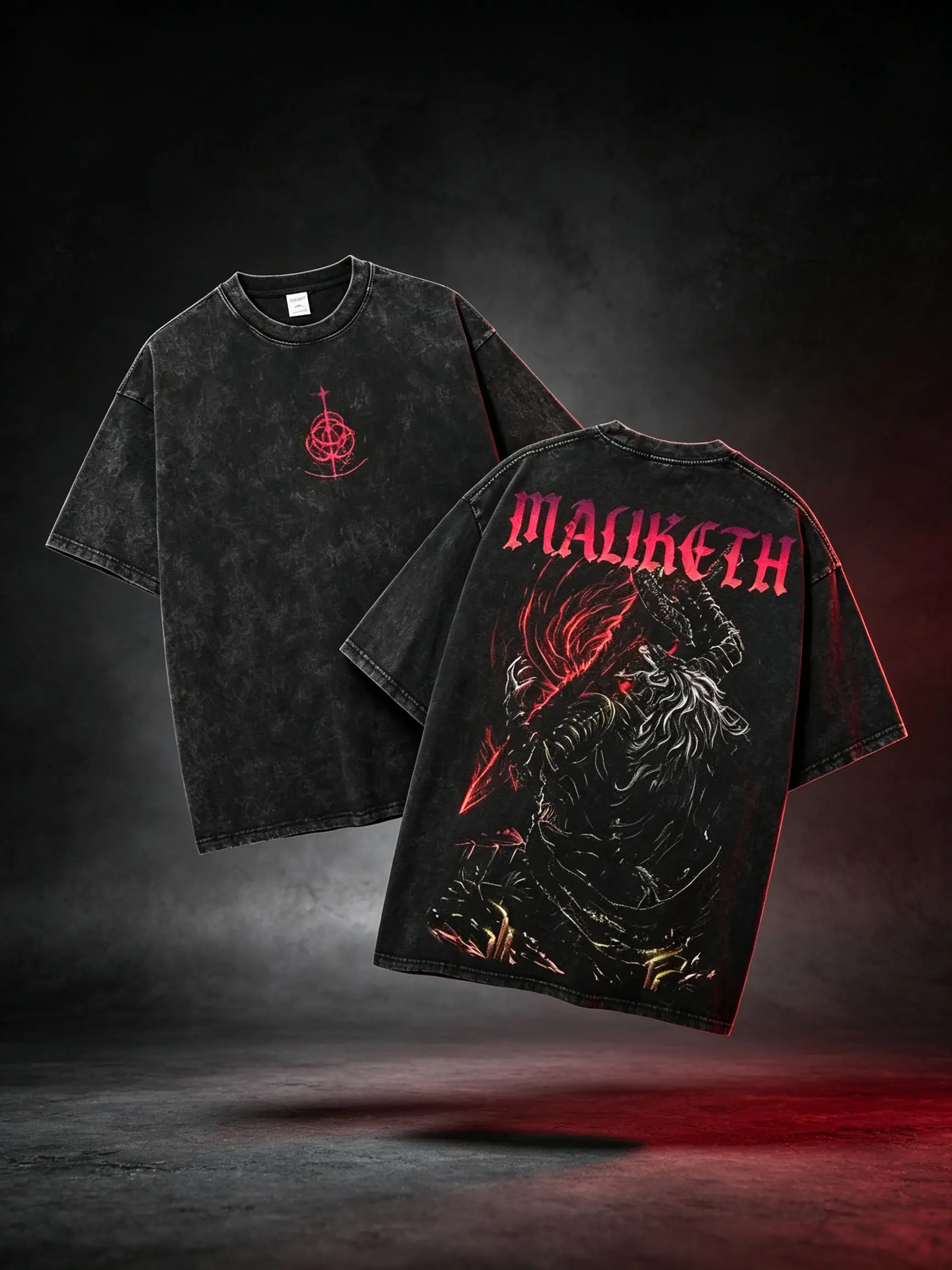 Men's Limited Edition Elden Ring Anime Double-Printed Acid-Washed Cotton T-Shirt - Casual, Lightweight Graphic Top for Fans of Maliketh, Game Lovers, Gift for Game Lovers