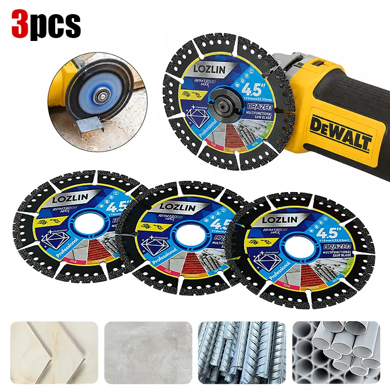 LOZLIN 1PCS/3PCS 4.5" Multi-Purpose Diamond Cutting Discs, 7/8" Arbor Saw Blades for Marble, Quartz, Stone, Ceramic Tile, Metal, Wood, Plastic and PVC, Fits Angle Grinders
