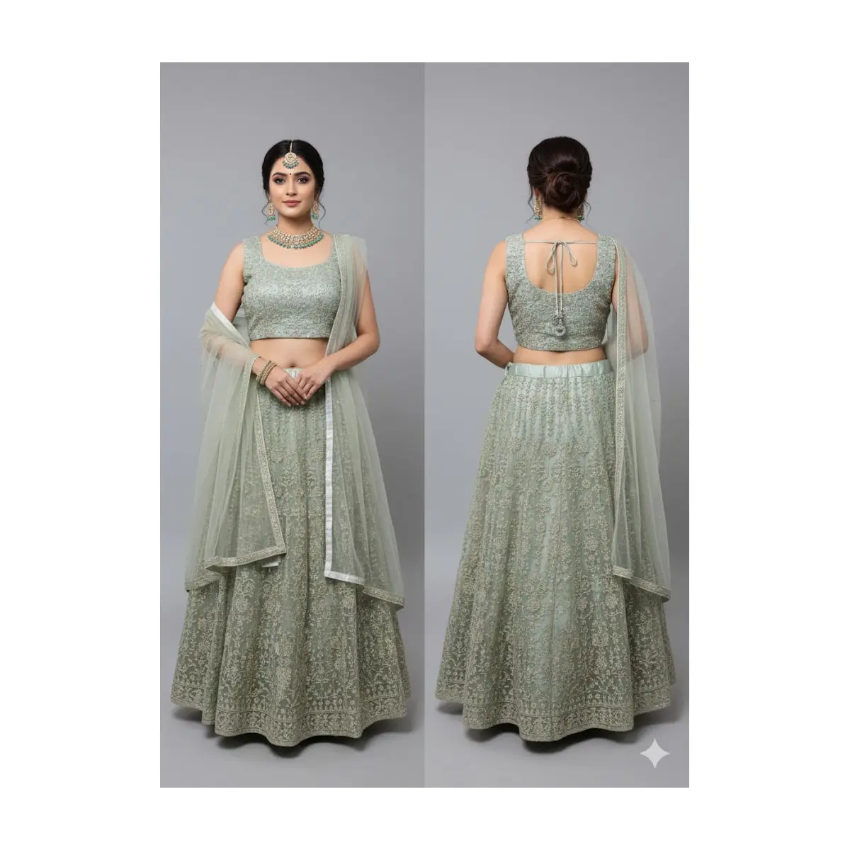 LSET-13 Elegant Sage Green Embroidered Net Lehenga Choli Set