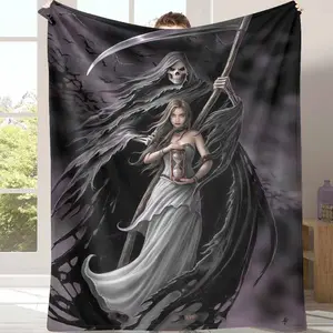Gothic Grim Reaper Flannel Blanket Fantasy Time Print Ultra Soft Lightweight Warm Cozy AntiPilling Halloween Decor Spooky Season Gothic Home Comforting Gift Wall Art Couch Cover summerwins