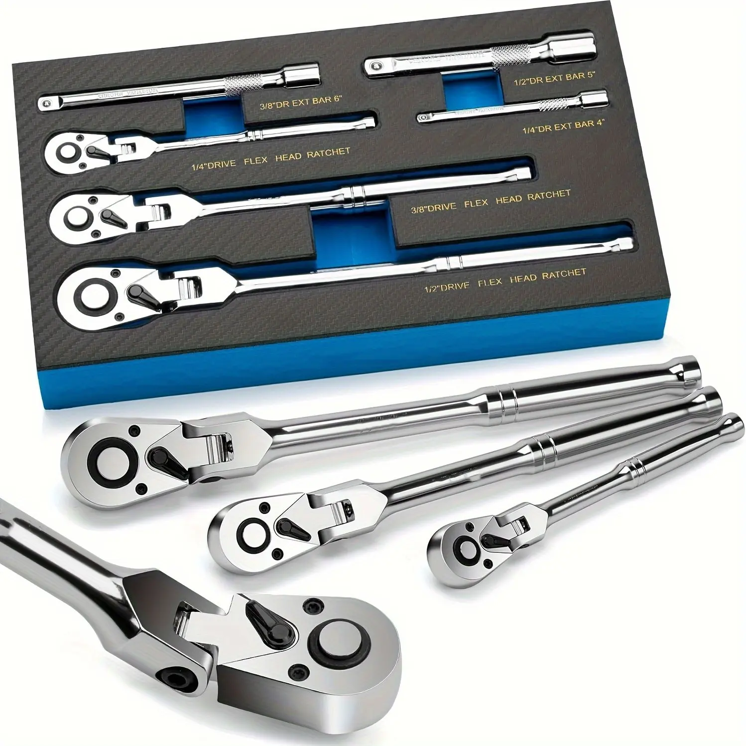 6pcs Flex Head Ratchet Wrench Set with Extensions 72-Tooth Swivel for Tight Spaces EVA Tray Ratcheting Wrench Set Multifunctional Wrench Set Ratchet Wrenches Set