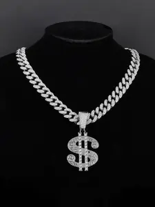 Elegant zircon-encrusted dollar sign Pendant Necklace, Fashion Pendant Necklace, Copper Chain Design, Cuban Link Chain, Metal Coated Jewelry, Perfect Gift for Special Occasions & Daily Wear, Pendants Necklaces