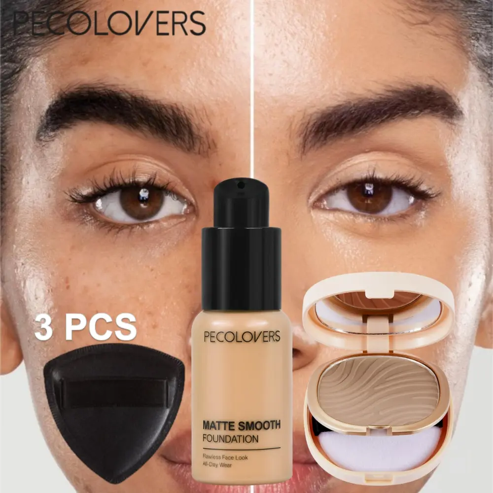 3Pcs Flawless Foundation And Powder Puff And Pressed Powder Set, Soft Touch Makeup Base Kit, Uniform Skin Finishing Accessory, Beginner Friendly Kit For Students And Dating Scenes, Natural Beige And Medium Beige, Face Makeup Product