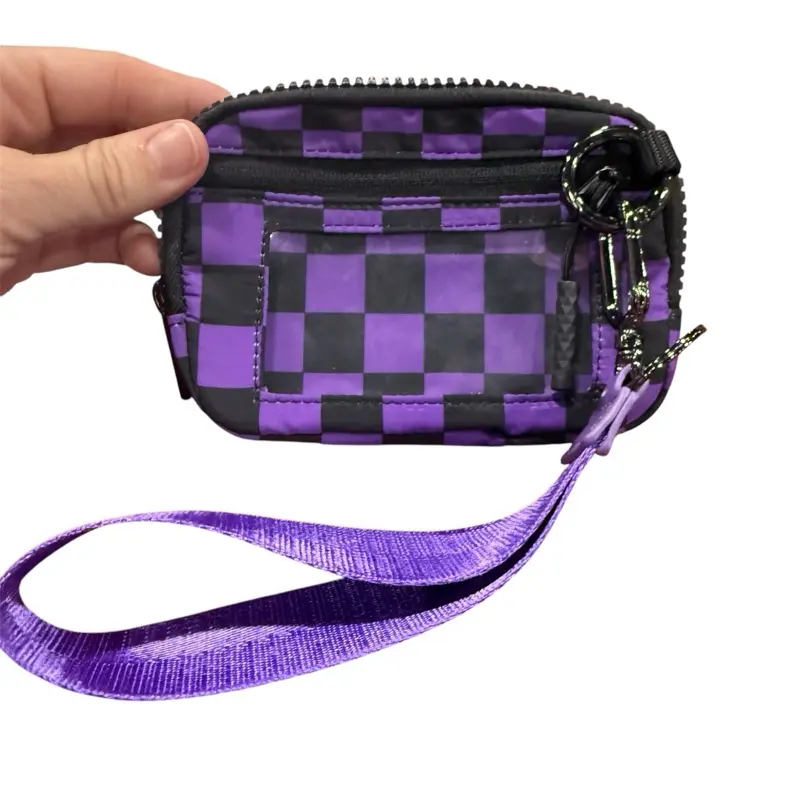 Women's Checkered RFID Protection Keychain Wristlet Wallet, 5"x3.5" Durable Nylon Zip Wristlet Pouch with Detachable Carabiner