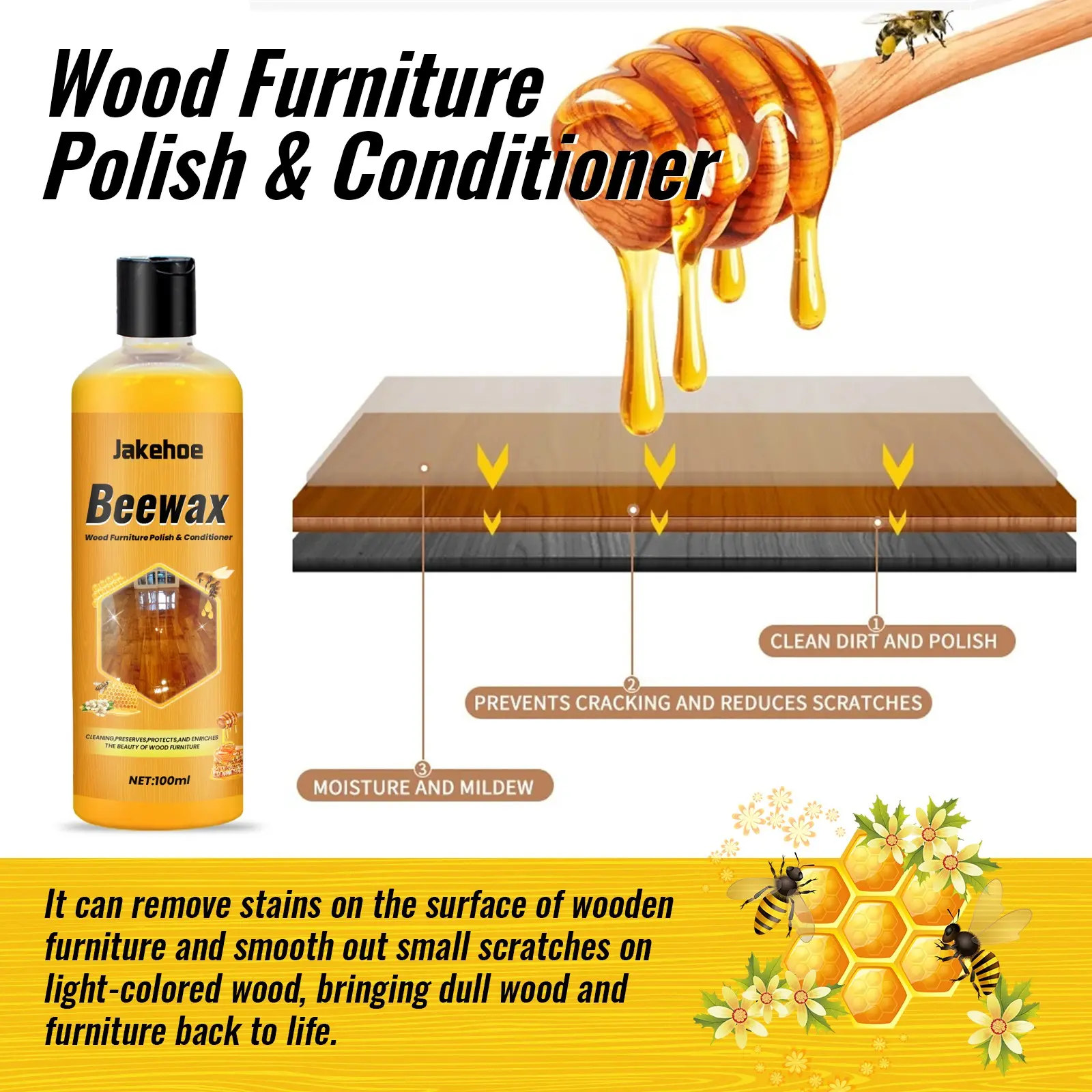 Jakehoe Beewax Floor Cleaner, 100ml Household Wood Care Wax for Stain Removal, Dustproofing, Shine Enhancing, Polishing, Smooth Wood Surface Maintenance