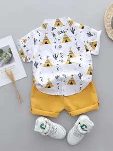 Baby Toddler Summer Fashion Full Print Pyramid Cartoon Shirt Shorts Set, Beach Style Two-Piece Outfit for Outdoor Play