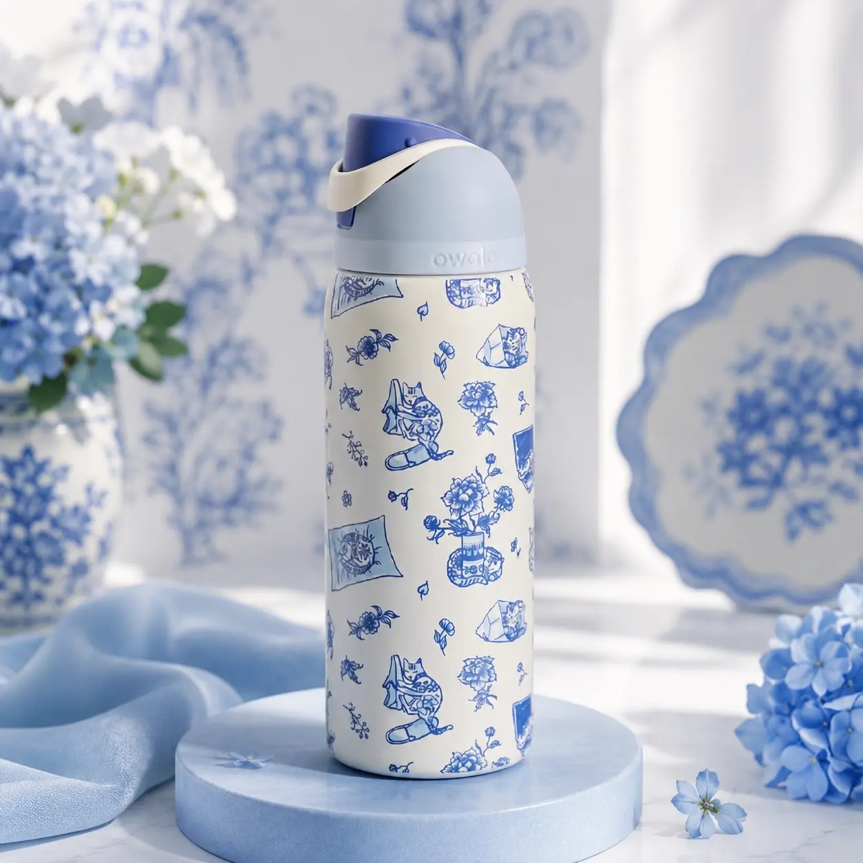 Owala FreeSip 32 oz Water Bottle Vintage Blue Floral Cat Design – Stainless Steel Insulated Bottle with Straw Lid, Reusable Leakproof Cup for Travel, School