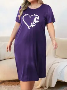 Plus Size Butterfly & Heart Print Nightdress, Casual Comfy Short Sleeve Nightgown for Women, Women's Sleepwear & Loungewear for All Seasons, Womenswear