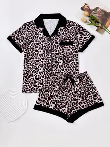 Women's Leopard Print Button-Up Shirt & Elastic Waist Shorts Pajama Set, Fit Casual Comfortable Summer Sleepwear, Ladies Two-Piece Loungewear, Pjs, Pajamas Lounge Set