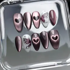 Gradient Cat Eye Press on Nails with, 24pcs 3D Heart and Butterfly Design Glitter Nails Fashion Wearable Nail Art Stick On Nails, Perfect for Daily Use, Nail Art Supplies