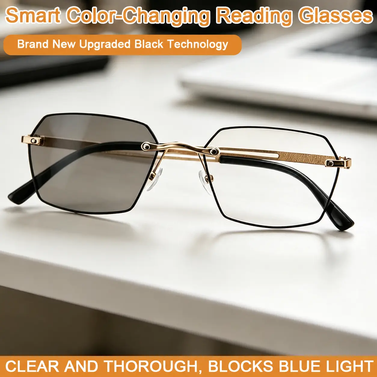 Premium Progressive Reading Glasses, Carbon Fiber Frameless Blue Light Filtering Readers for Phone, Books & Everyday Use