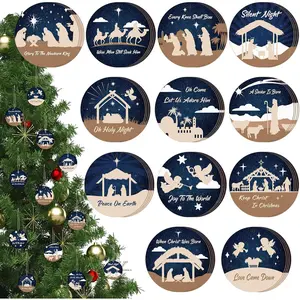 48-Piece Nativity Scene Ornaments - Christian Religious Christmas Tree Hanging Decorations - Wooden Nativity Scene Hanging Ornaments - Bulk Round Nativity-Themed Hanging Decorations for Christmas Tree Advent Decorations