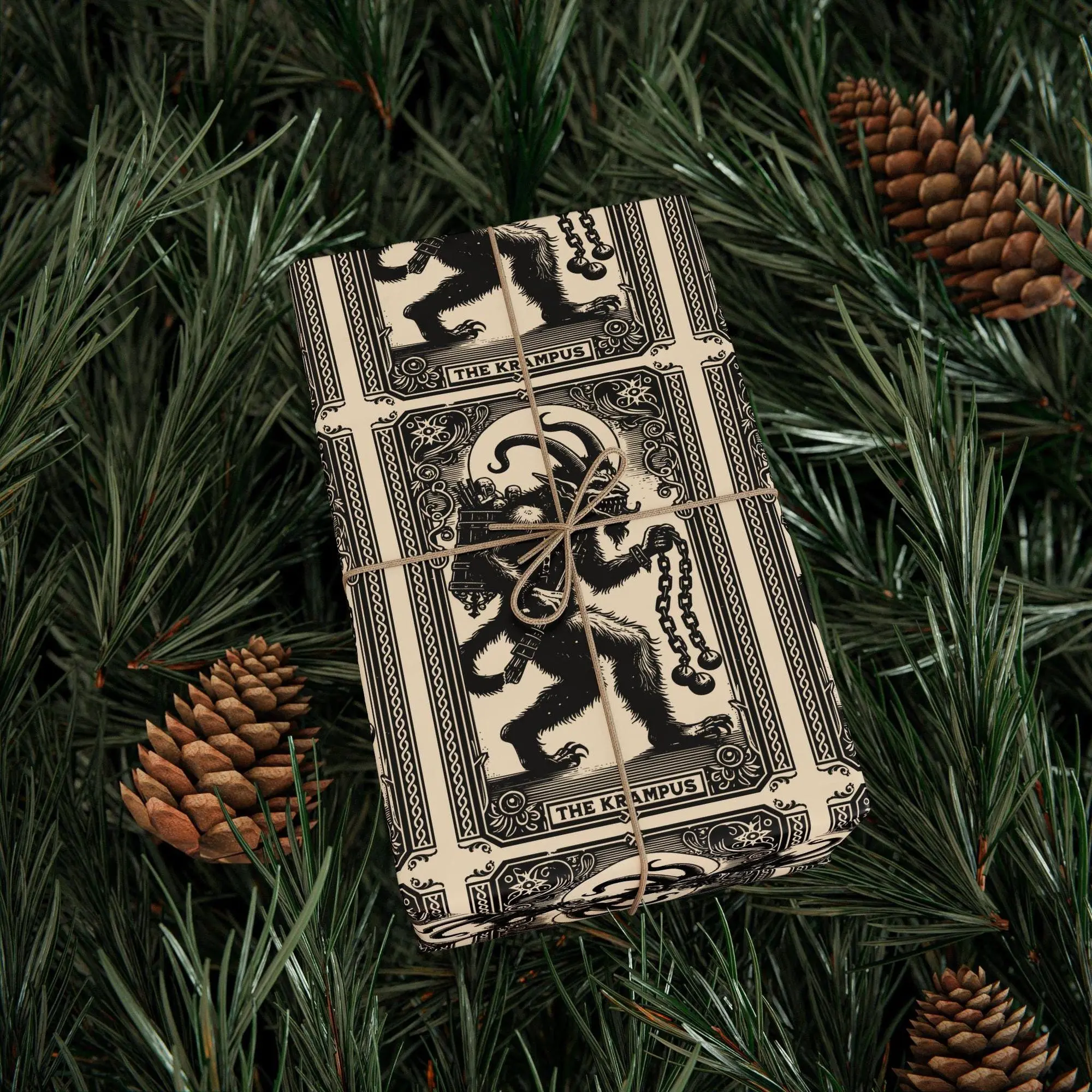 Krampus Wrapping Paper, Vintage Tarot Card Gothic Christmas Gift Wrap with Occult Design