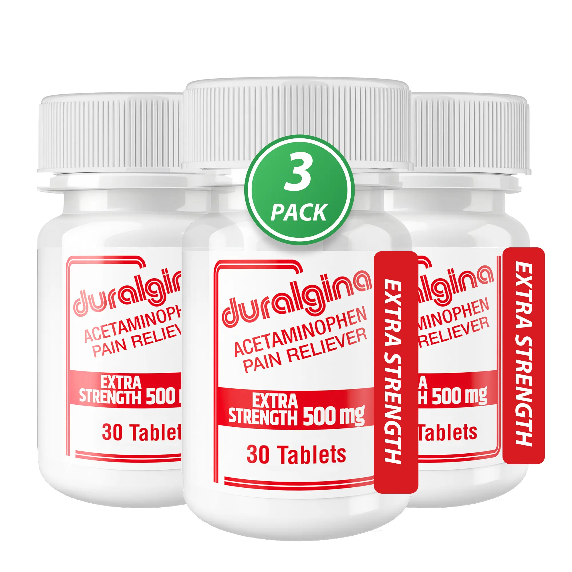 DURALGINA Extra Strength 500 mg Acetaminophen Tablets - OTC Healthcare Pain Relief & Fever Reducer Treatment, Fast-Acting, Gentle on Stomach, Therapeutic for Headache, 2.70 oz 3-Pack (30-Count Each) for Adults, Youth 12+ Traveling