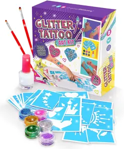 Glitter Tattoo Kit - 33-Piece Multicolor Set, Ages 3-8, 24 Stencils, 6 Color Pots, 2 Brushes & Adhesive - Glitter Tattoos for Kids & Sleepover Valentines Day Party Supplies