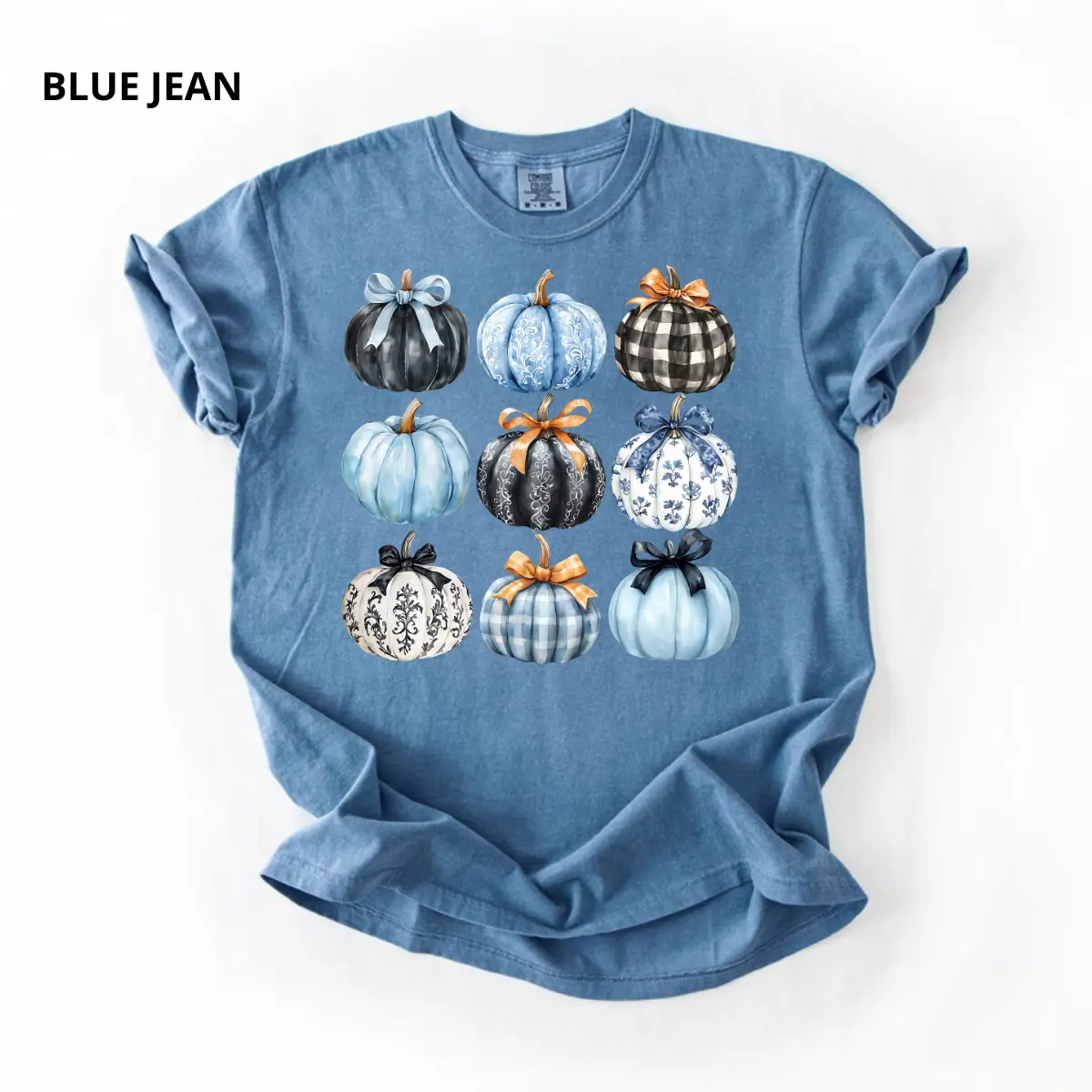 Comfort Colors Blue Bow Pumpkin Shirt, Coquette Fall Pumpkin Graphic Tee, Vintage Autumn T-Shirt, Cute Bow Apparel, Seasonal Gift