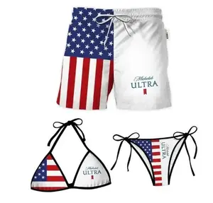 USA Flag Matching Couple Swimwear Set – Stars and Stripes Bikini for Women & Patriotic Mesh Shorts for Men – Perfect Beach Outfit for Couples – Summer Gift for Boyfriend & Girlfriend