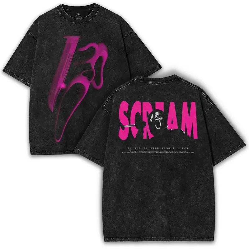 Men's Oversized Vintage Washed Short-Sleeve Casual Top, Pink Neon Horror Graphic Ghostface Double Printed Distressed Menswear, Retro Slasher Streetwear Collector Tee, Shortsleeve, Tshirt