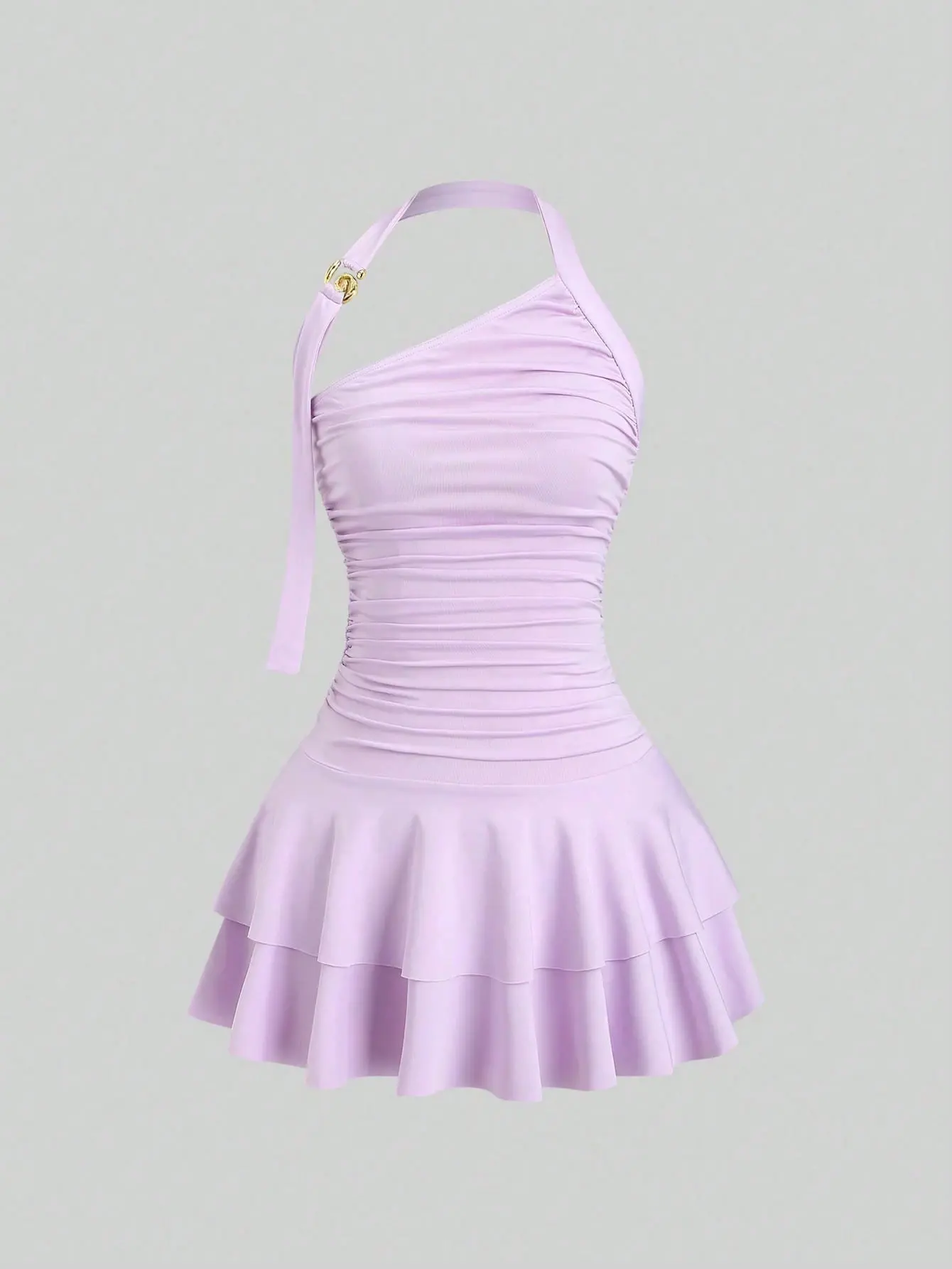 AESS x MISSGUIDED Halter Spiral Gold Jewelry Design Cinched Waist Cake Skirt Style Mini Dress For Women Spring Summer