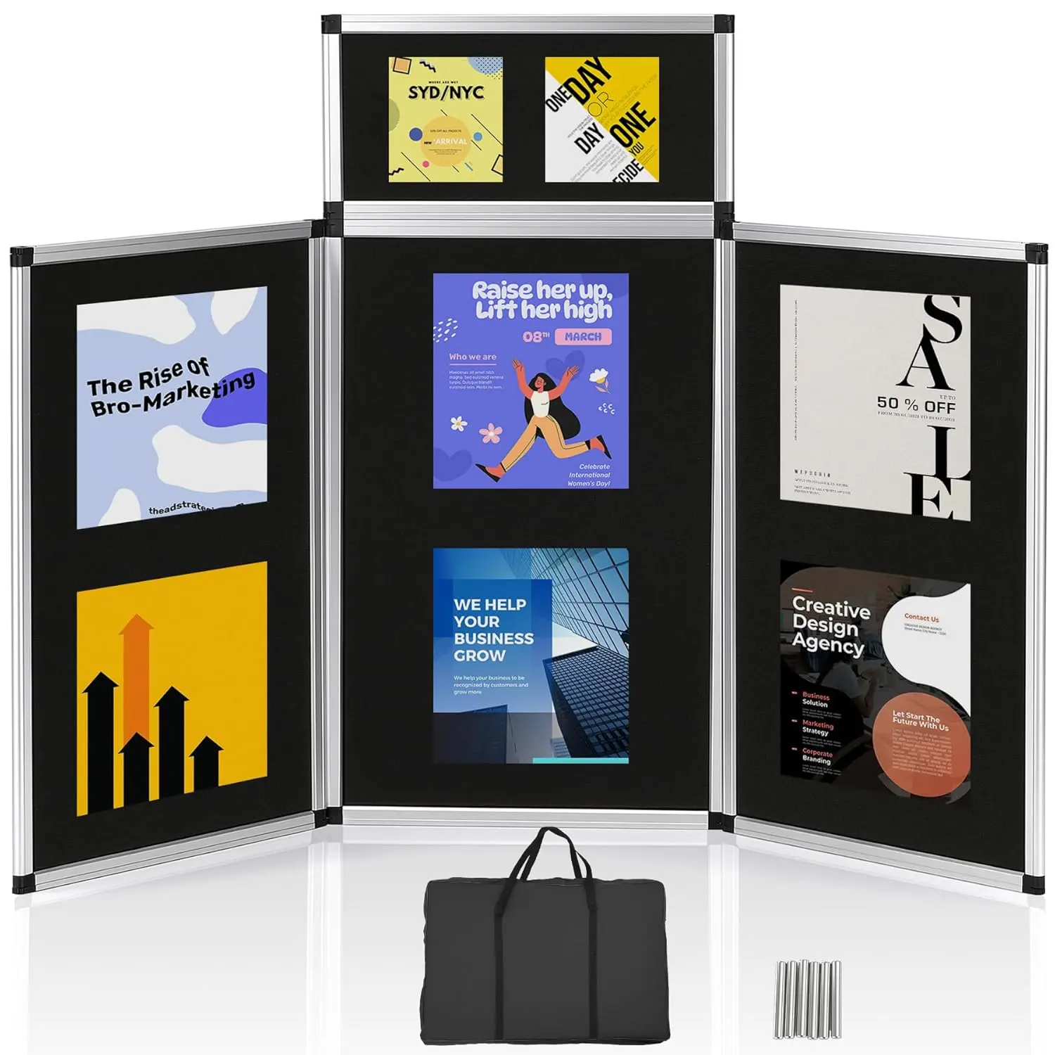 3+1 Panel Trade Show Presentation Board, 70.8" x 35.4" Portable Panel Display, Folding 3 Panel Exhibition Boards Double Sided Tabletop Display Black Hook & Loop-Receptive Fabric with Bag