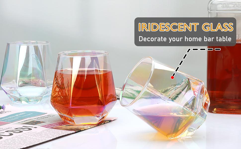 Stemless Wine Glasses Set of 6, Iridescent Glassware 10 oz Diamond Shaped Drinking Glasses, Modern Rainbow Wine Glass for Serving White Wine, Red Wine, Cocktail, Whiskey, Bourbon, Cool Water