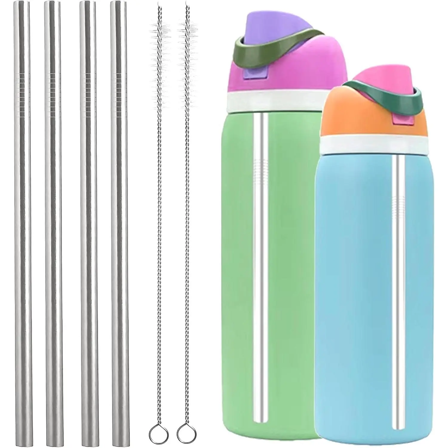 Stainless Steel Straw Set Compatible with  24 oz 32 oz Water Bottle, 4 count Replacement Metal Straws With 2 Straw Cleaner