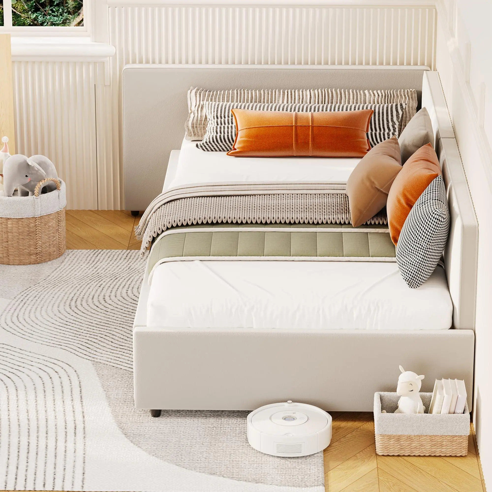 Twin Daybed with Extended Headboard, Corner Bed Frame with Bed Rails, Velvet Upholstered Sofa Bed with Guardrail for Bedroom, Guest Room,Adjustable Installation, Beige