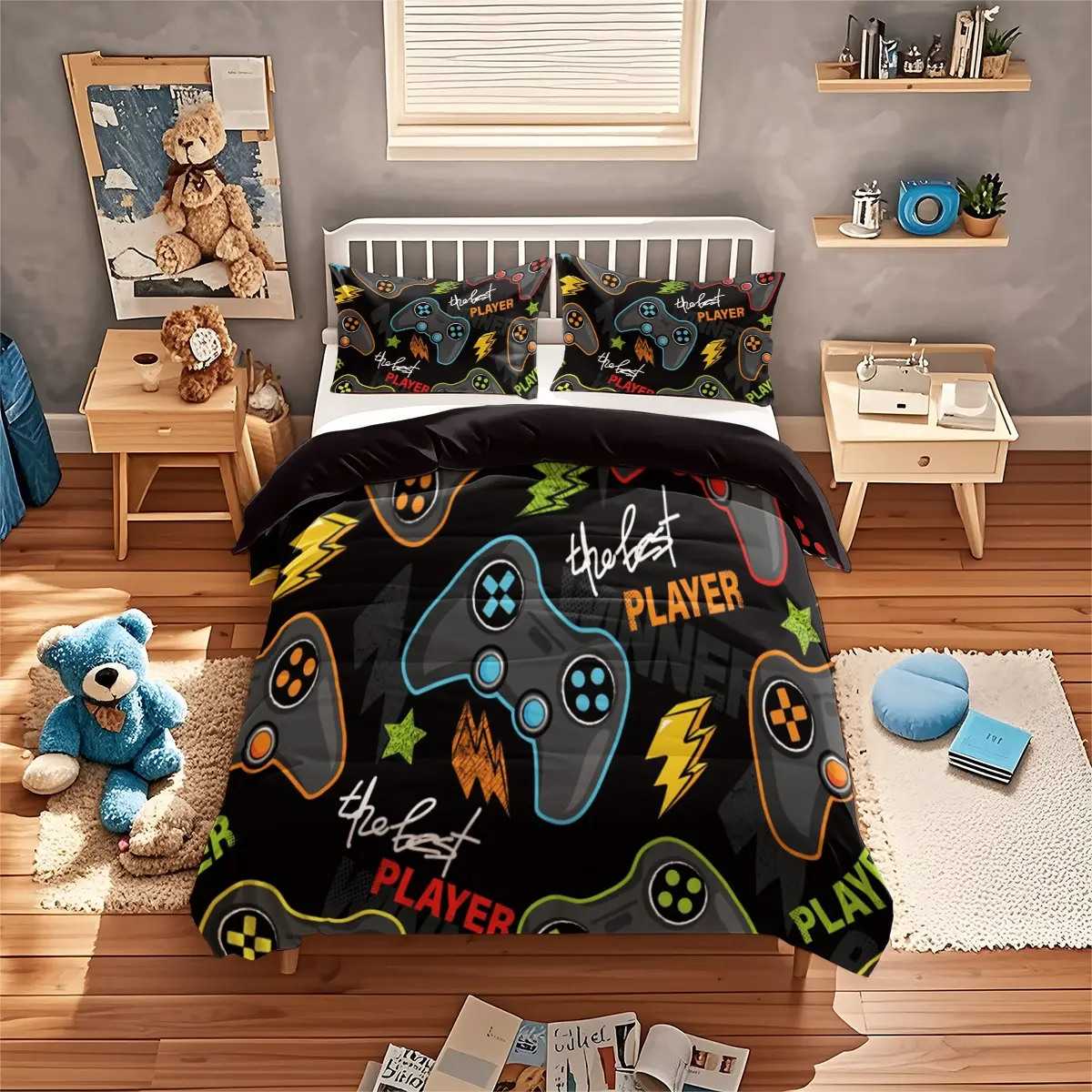 3-Piece Game Machine Printed Bedding Set (1 Fitted Sheet + 2 Pillowcases), Soft Comfortable Bedroom Decor, Suitable for Dorms & Guest Rooms, Comfy Bedding Sets, Decorative Bedding Set