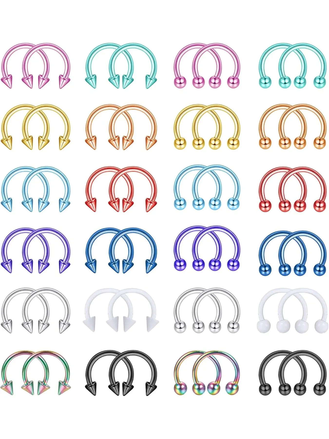 48Pcs 16G Surgical Steel Horseshoe Nose Septum Rings Body Piercing Jewelry Balls & Spikes Cartilage Helix Tragus Earring Hoop Eyebrow Lip Piercing Ring for Women Men Nose Rings Set Hoops 6mm 8mm 10mm 12mm