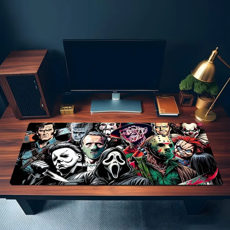 Horror Movie Killers Desk Mat | Halloween Character Collage Mouse Pad Christine, Classic Movie Car Mouse Pad | Christine Inspired Large Desk Mat for Gaming & Office