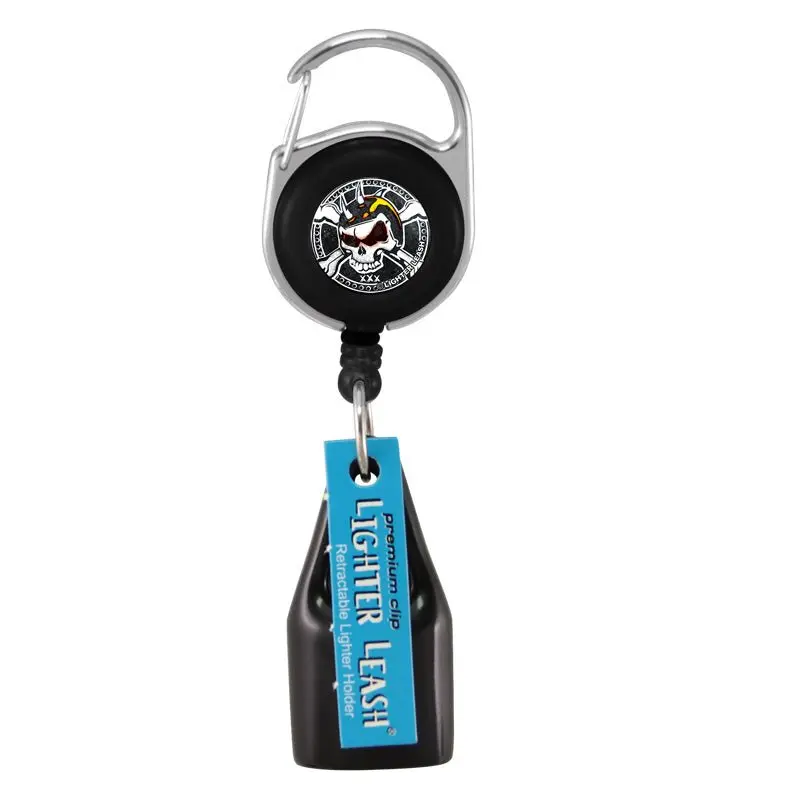 Biker Skull Design Lighter Leash - Black Vinyl Lighter Holder (1.25” Diameter) with Nylon Cord, Skull Sticker, Prevents Loss for Office Identification Badge Supplies, Adults