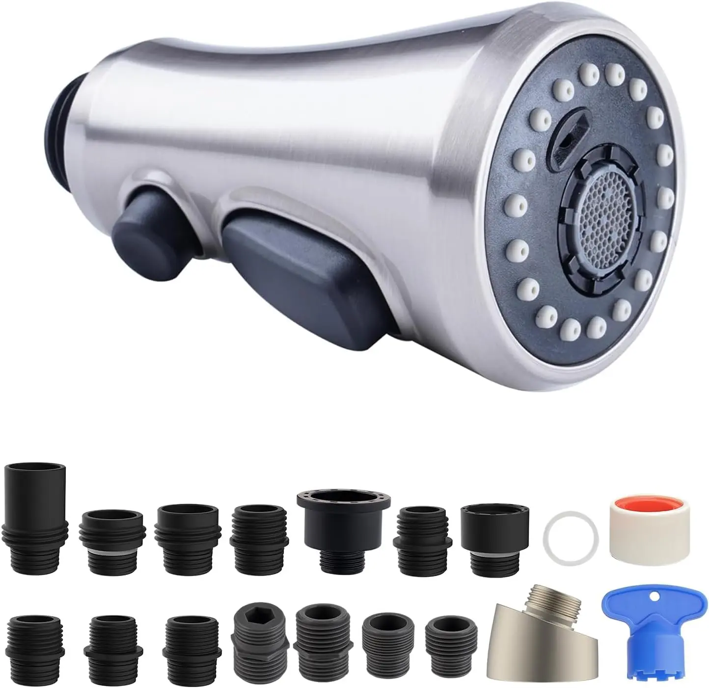 Hibbent Pull Down Spray Head for Kitchen Faucet, 3-Function Sink Spray Nozzle with 15 Adapters, Faucet Head Replacement Compatible with Moen, American Standard, Delta, Kohler Faucets, Brushed Nickel