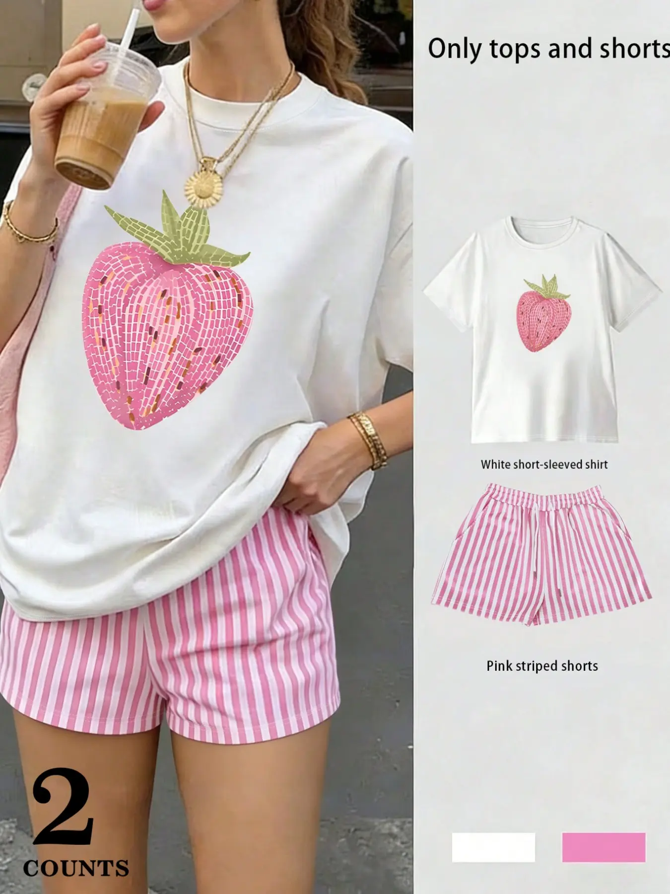 Women's Loose Fit Oversize Graphic T-Shirt Top and Shorts Shortie Set, Strawberry Fruit Letter Design, Comfortable Casual Campus Style, Everyday Trendy Streetwear, Sweet and Simple