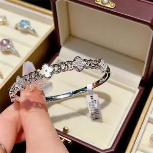 Ladies' Gold-Plated Clover Charm Bangle, Hollow Chain Open-Cuff Bracelet with Zircon Accents, Lightweight Party Wear Fashion Costume Jewelry