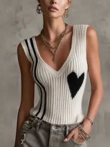 Women's Colorblock Knit Vest Tops, V Neck Sleeveless Heart Embroidery Slim Fit, Casual Elegance Fashion Inner Layer Outerwear Womenswear
