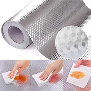 Kitchen Wallpaper Oil Proof Sticker Aluminum Foil Backsplash Self-Adhesive Contact Paper Cabinet Liner Waterproof Heat Resistant Peel Stick Wallpaper Kitchen Use 15.75X39.37 Inches Cube Texture Silver Non-Woven