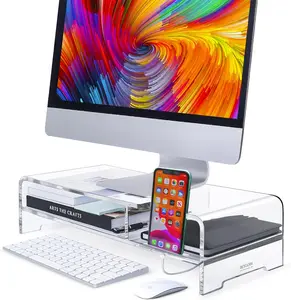 BEYGORM Acrylic Monitor Stand for Full Keyboard, 20" Wide 2-Tier Riser with Storage Shelf and Phone Holder, Desktop Organizer for Laptop, Printer, Screen (Clear)