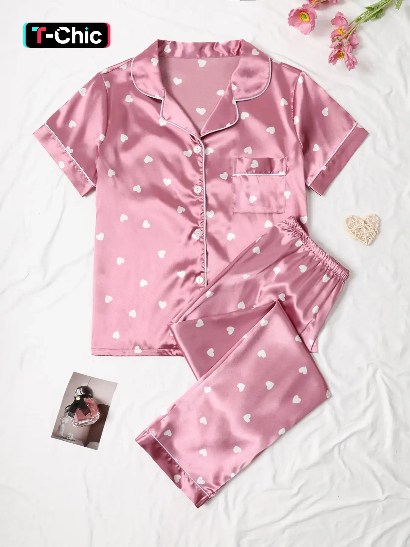 Valentine's Day Women's Satin Pajama Sleepwear Loungewear Set, Heart Pattern Top & Contrast Color Pants, Comfortable Night Home Wear Gift Choice