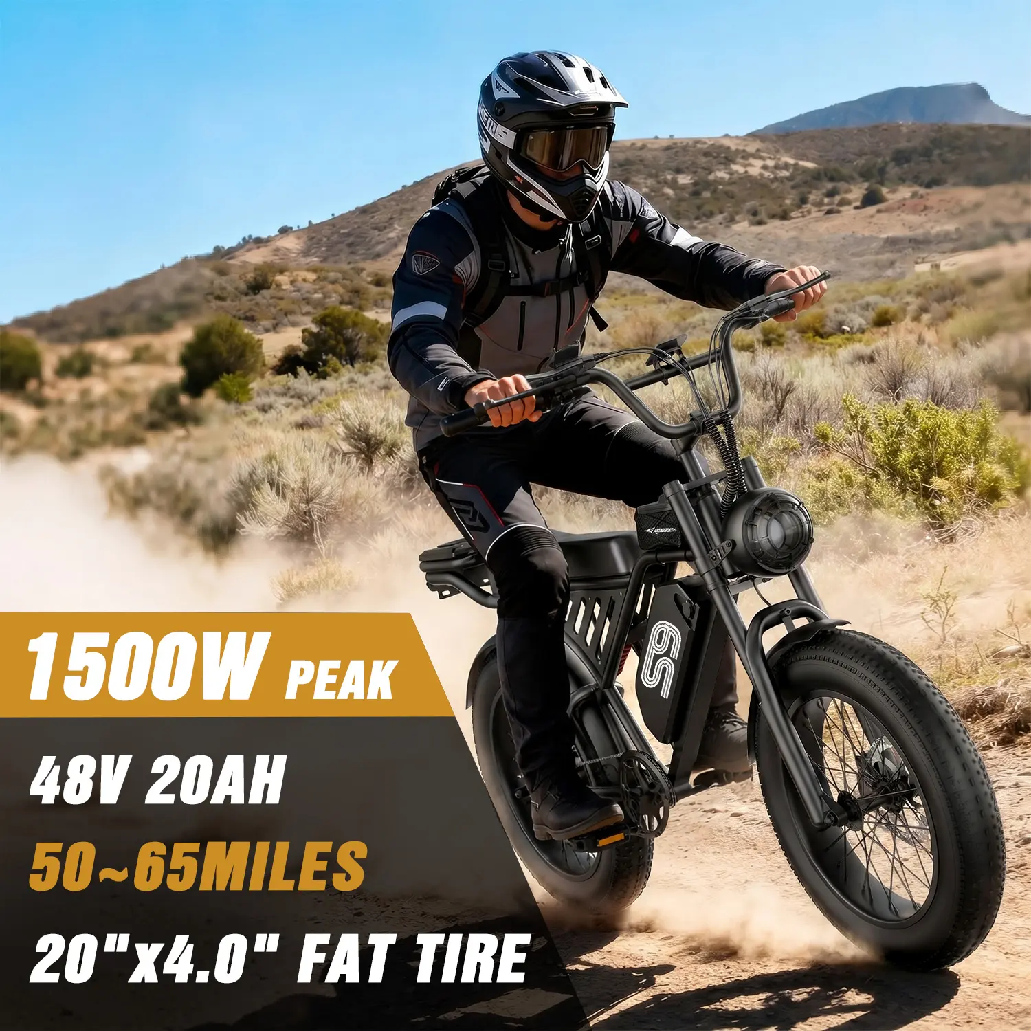 Pikabike Electric Bike for Adults, 1500W Peak Motor, 36MPH Electric Dirt Bike, 65 Mi Range, 48V 20AH Battery, 20"×4.0" Fat Tires, Full Suspension, NFC-Password Unlock for Snow, Sand