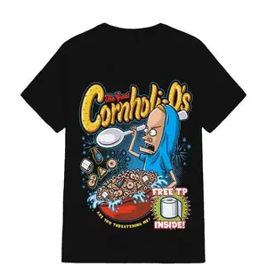 "Cornholi-O's" Beavis and Butthead Parody American Retro Black Short-Sleeved Unisex T-Shirt, Humorous Cereal Graphic, Casual Streetwear for Cartoon & Comedy Enthusiasts, Unique Quirky Pop Culture Fashion Statement Piece Funny Thanksgiving Crew Neck