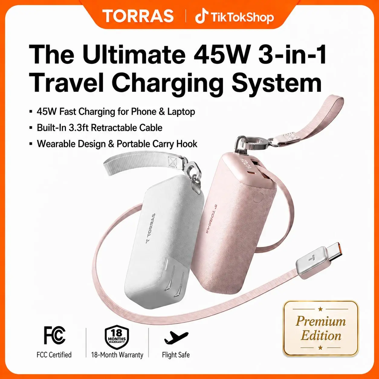 TORRAS PowerGo ALL IN ONE GaN Charger PowerBank Fast Charging Portable Battery with 3.3ft Retractable Cable Travel Hook for All Device, Digital summerwins Travel Essentials Work & Office Convenience Cargador Portátil para Viaje batería externa B