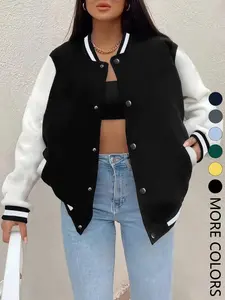 Women's Fall Winter New Baseball Jacket, Casual Sporty Aesthetic Outerwear, Fitted Design, Button Fly Closure, Multiple Trend Colors, Tops, Womenswear