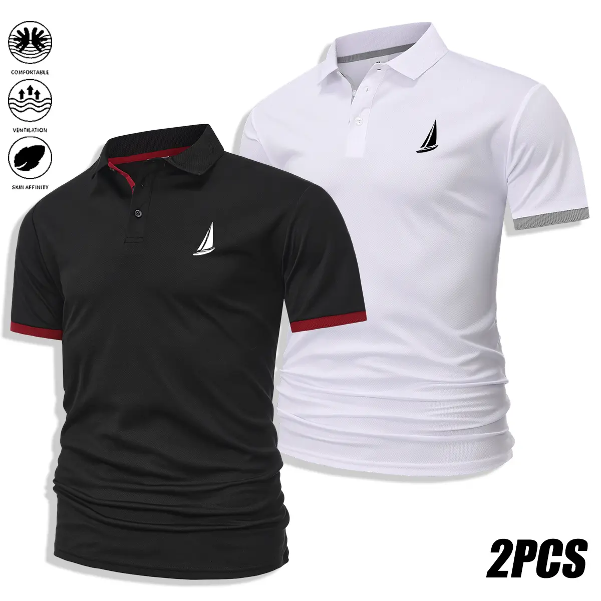 Men's stylish polo shirt 2-piece set with a boat print design.Fashionable business-casual polo shirt featuring a foldover collar design—comfortable and breathable short sleeves suitable for summer wear; perfect as a gift，an ideal choice for back-to-school