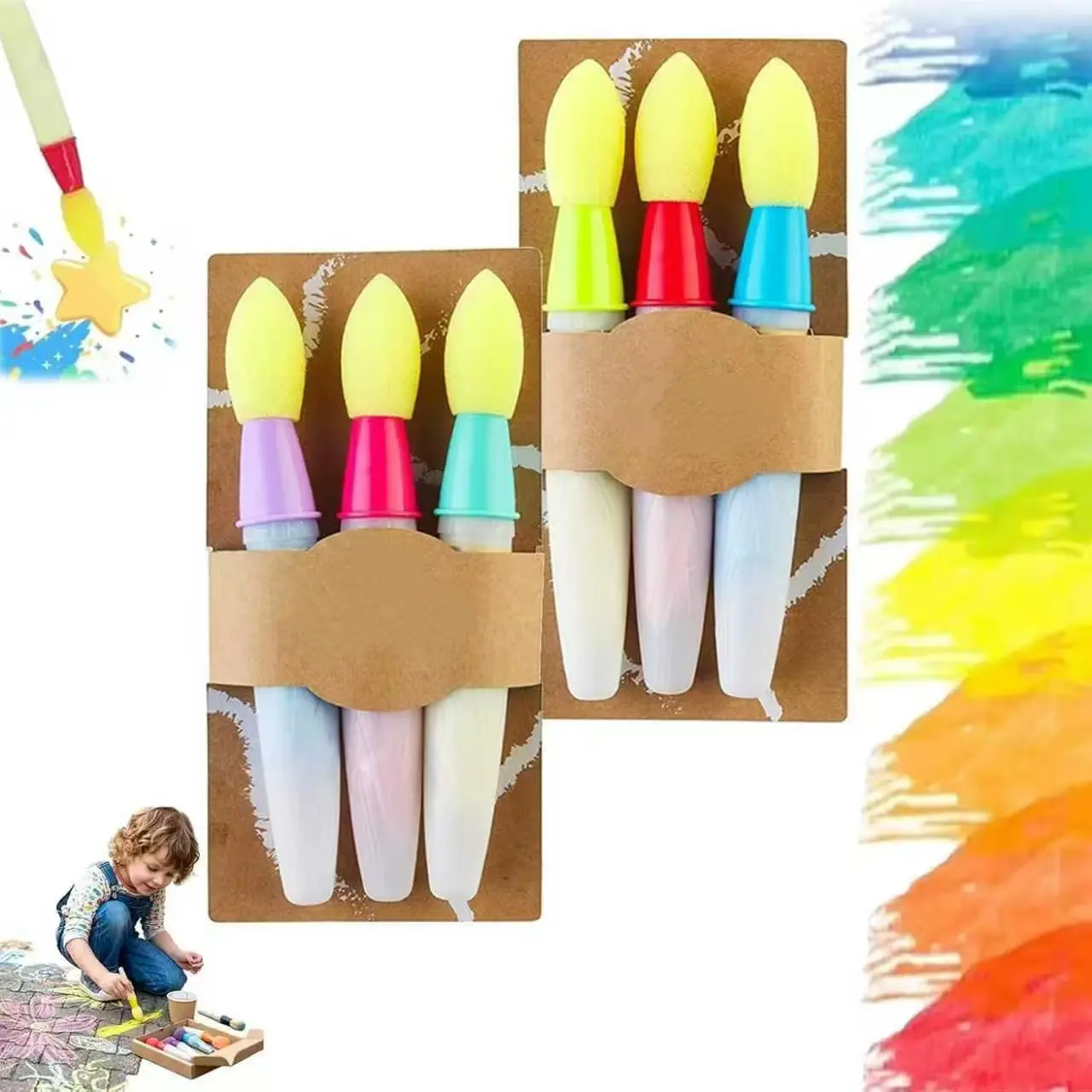Sidewalk Chalk Paint Brush Set with Chalk Powder, Sidewalk Chalk Paint Fillable Applicators for Kids, Refillable Chalk Shells, for Outdoor Art Activities & DIY Yard Art, Painting Supplies