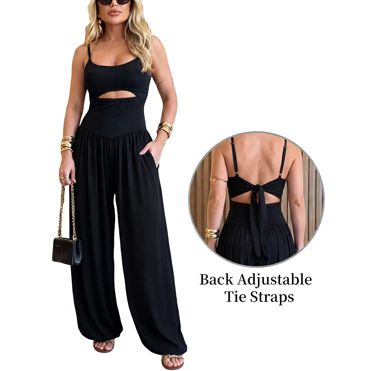 OYS Women's Spaghetti Strap Wide Leg Jumpsuit Backless Tie Back Sleeveless High Waist Romper Casual Summer Vacation Party Outfit With Pockets