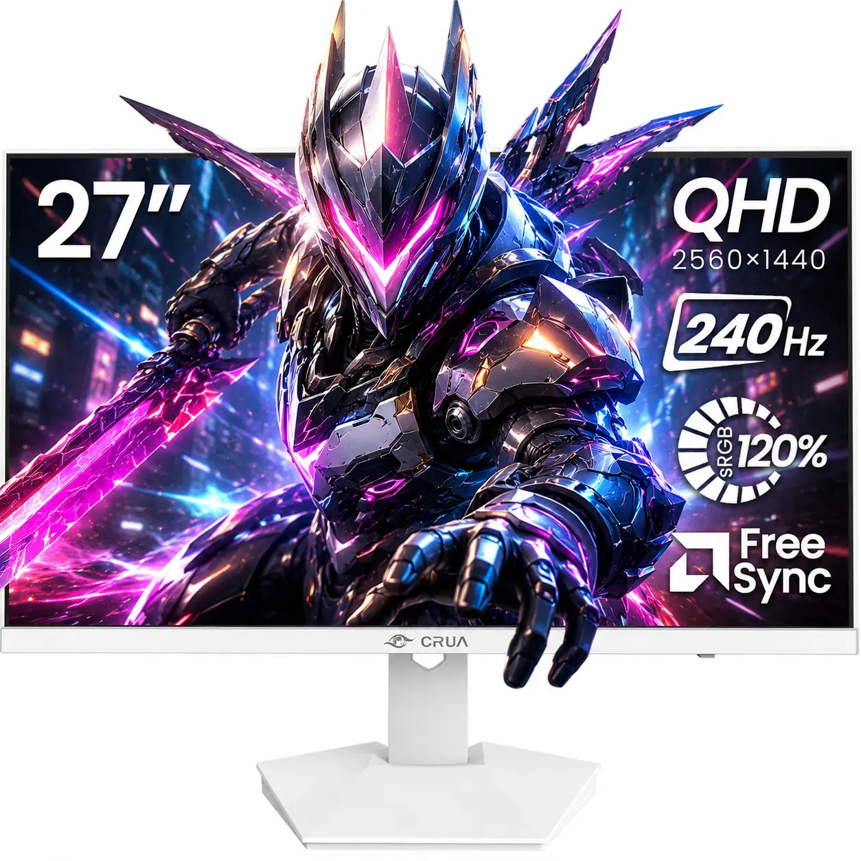 CRUA 27" White QHD Gaming Monitor - 2560x1440 Resolution, 240Hz IPS Panel, FreeSync, 120% sRGB, Built-In Speakers, Blue Light Filter, HDMI/DP Ports, 75x75mm Wall Mount for PC Gaming