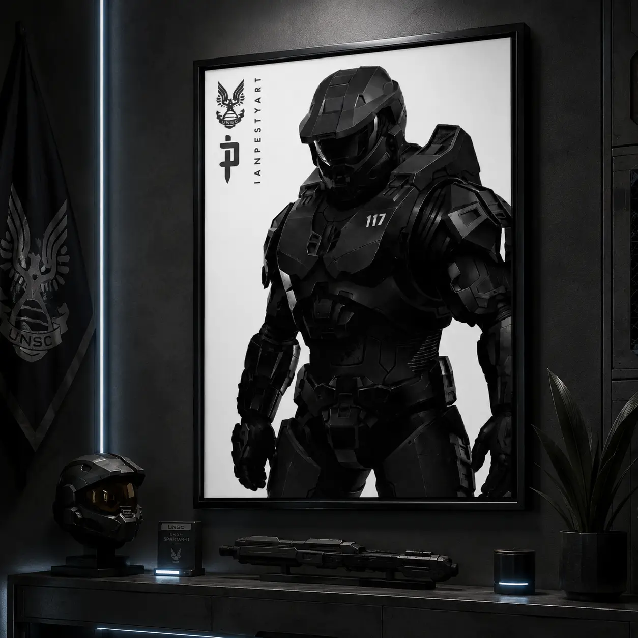 Black White Sci-Fi Armored Soldier 117 Number Portrait Framed Canvas Wall Art, Futuristic Tactical Combat Suit Poster, Monochrome Space Warrior Print, Teen Gaming Room Man Cave Gamer Decor Gift