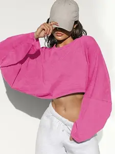 Women's Batwing Sleeve Short Sexy Long Sleeve Loose Round Neck Sweatshirt, Casual Streetwear Crop Top Design, Sporty Outdoor Pullover, Ladies' Top