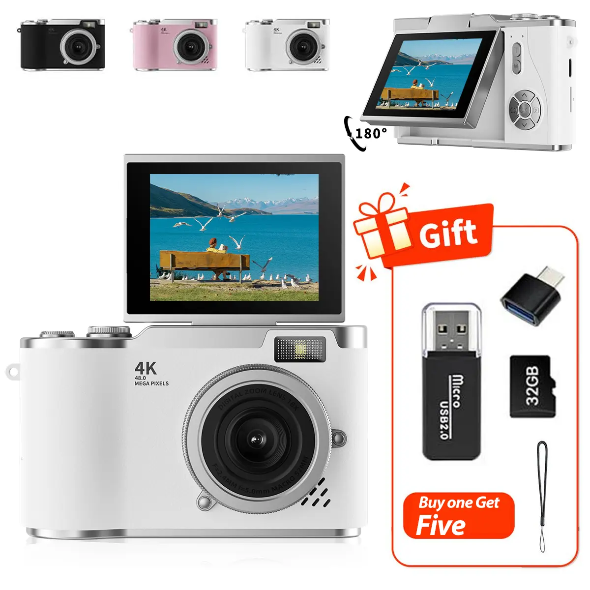 Flip-Screen CCD Style Digital Pocket Camera for Beginner Students Teenagers, Portable Selfie Compact Camera with 32G Memory Card, Card Reader, Converter Plug-in and Lanyard, Perfect Gift for Back to School Season