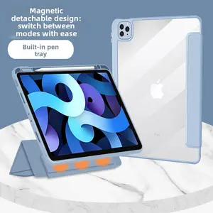 Magnetic Detachable iPad Case with Pencil Holder for iPad 11"/10.9"/10.2"/Pro 12.9"/Air 4/5/6 - Clear Acrylic Back, Shockproof Protective Folio Cover, Multi-Angle Stand